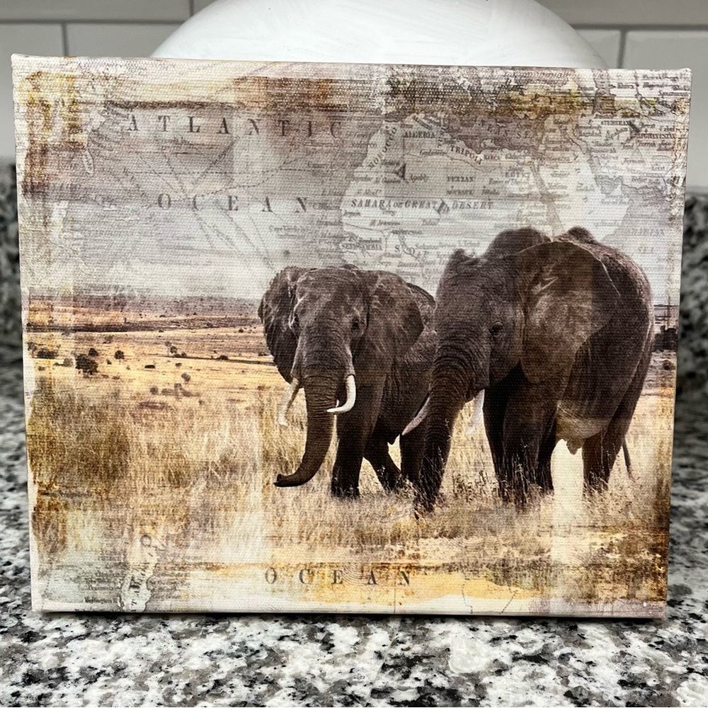 Elephant Canvas Art with Map Background - 7”x6”